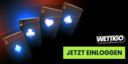 Vier leuchtende Spielkarten mit Symbolen auf dunklem Hintergrund und Jetzt einloggen Button