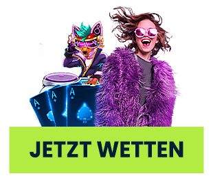 Frau mit Sonnenbrille neben DJ-Figur und Spielkarten mit Jetzt wetten Button