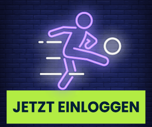 Neonabbildung eines Fußballspielers im violetten Stil über dem Button Jetzt einloggen
